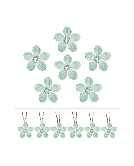 Lot de 6 épingles fleurs métal gris blanc et cristal