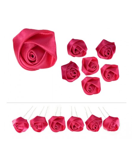 Lot de 6 épingles fleurs bouton de rose en satin rose fuchsia