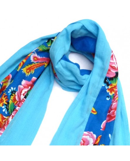 Echarpe coton bleu à motifs multicolores