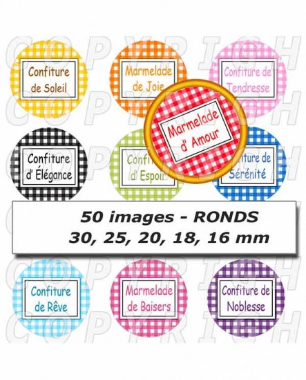 Images digitales cabochon confiture et marmelade aux fruits d'émotions carreaux vichy - 50 Ronds
