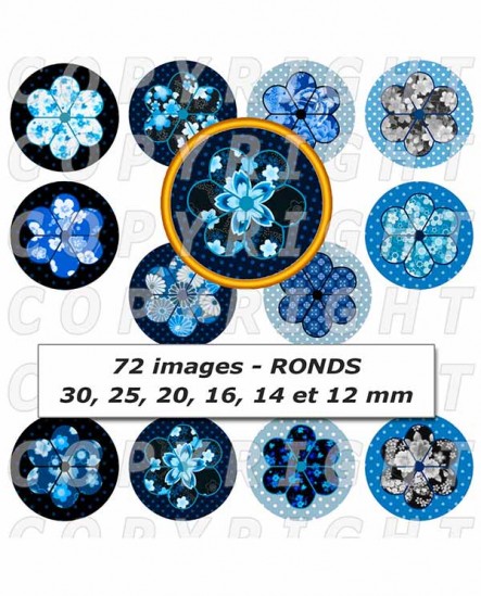 Images digitales cabochon fleurs japonaises bleu - 72 Ronds