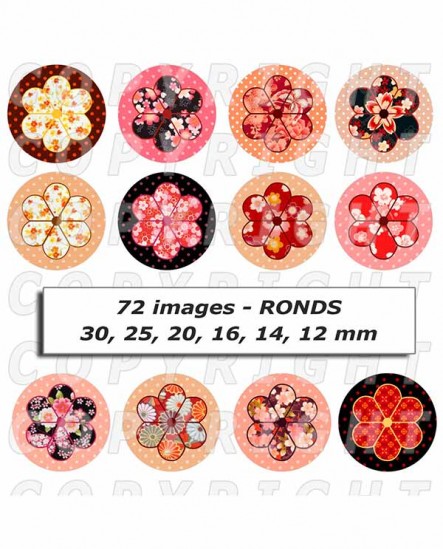 Images digitales cabochon fleurs japonaises potiron rose orange rouge ronds