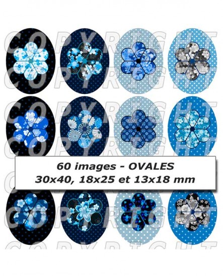 Images digitales cabochon fleurs japonaises bleu noir Ovales