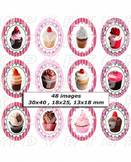 Images digitales cabochon cupcakes gourmandise sucrées rose - 48 Ovales