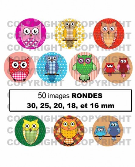 Hiboux multicolore kawaii enfantin Images digitales cabochon Rondes