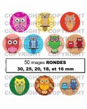 Hiboux multicolore kawaii enfantin -  50 Images digitales cabochon Rondes