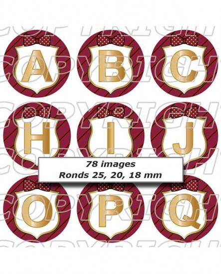 Alphabet initiales de prénom rouge bordeaux - Images digitales cabochon 72 ronds