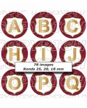 Alphabet rouge bordeaux initiales de prénom - Images digitales cabochon 72 ronds