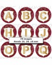 Alphabet initiales de prénom rouge bordeaux - Images digitales cabochon 72 ronds