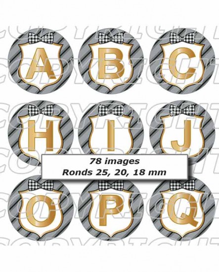 Alphabet initiale prénom homme garçon blason rayures grise images digitales cabochon ronds
