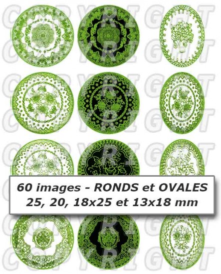 Dentelle vert clair nature  images cabochons mixte rondes ovales