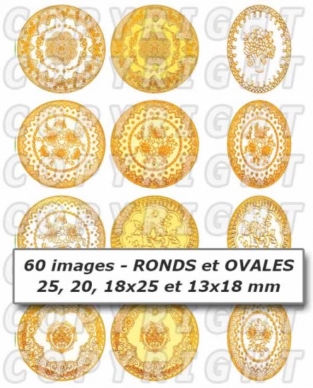 Dentelle jaune doré images cabochons mixte rondes ovales