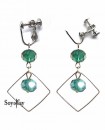 losange argenté et perle vert émeraude en boucles d'oreilles clip