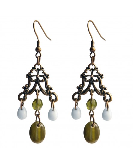 boucles d'oreilles pendantes vert olive a gouttes blanches
