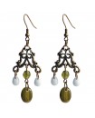 boucles d'oreilles pendantes vert olive a gouttes blanches