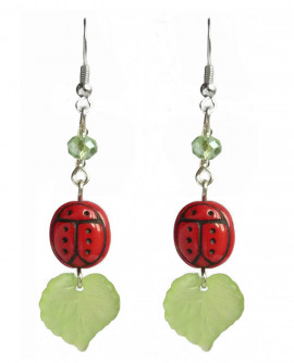Boucles d'oreilles coccinelle rouge et feuille verte