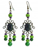 Perles vertes et violettes en boucles d'oreilles pendantes inspiration ethnique