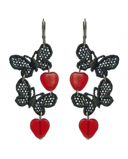 boucles d'oreilles pin up coeurs et papillons, rouge et noir