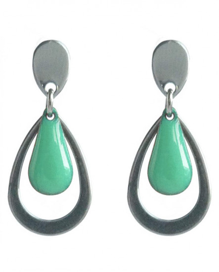 Boucles d'oreilles gouttes vert amande et argenté