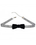Collier ras de cou noeud en velours et carreaux noir et blanc