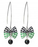 Boucles d'oreilles longues rétro noeud papillon carreaux vichy vert et noir