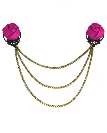 broche fleurs rose fuchsia et dentelle noire - chainettes dorées