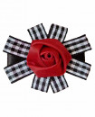 Broche rétro - fleur rouge bordeaux et carreaux vichy noir et blanc