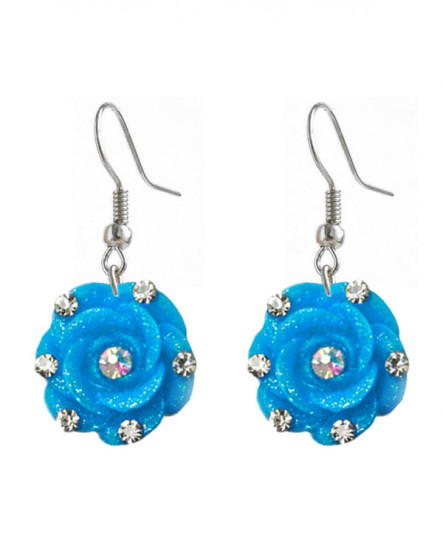 boucles d'oreilles  fleurs bleu à paillettes et strass