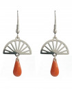 boucles oreilles éventail argenté et goutte orange inspiration art déco