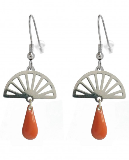 boucles oreilles éventail argenté et goutte orange inspiration art déco