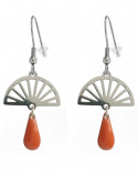 boucles oreilles éventail argenté et goutte orange inspiration art déco