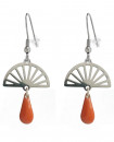 boucles oreilles éventail argenté et goutte orange inspiration art déco
