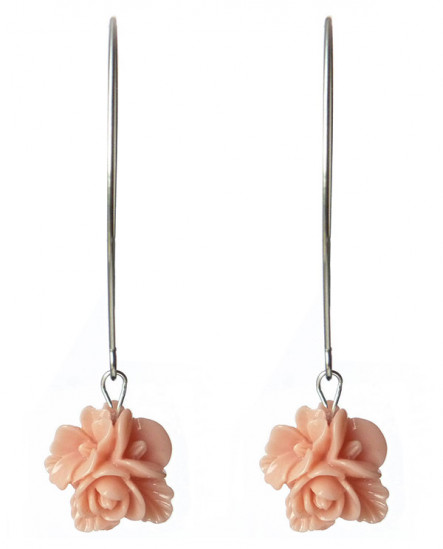 boucles d'oreilles longues fleurs rose saumon style shabby chic