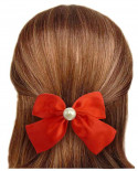Pince à Cheveux noeud de satin rouge vif et perle blanche