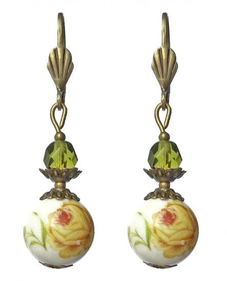 boucles d'oreilles dormeuses fleurs rétro - jaune, vert olive et bronze