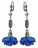 boucles d'oreilles dormeuses pompons bleu roi et nacre grise style rétro