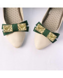 Clips à chaussures noeud vert foncé et beige à fleurs