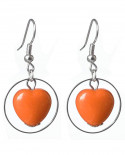 Boucles d'oreilles  coeur orange cercle argenté - style pop années 80