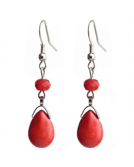 boucles d'oreilles goutte rouge et argenté