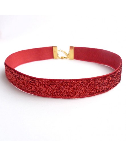 choker de fête, ras du cou velours pailletté, rouge et doré