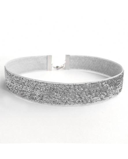 Collier choker large ras du cou velours à paillettes argenté