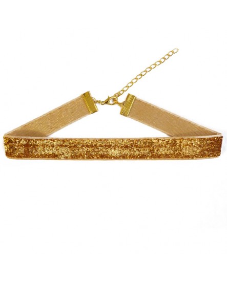 Collier choker large ras du cou velours à paillettes doré or