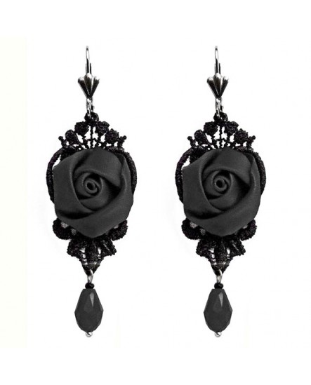 Boucles d'oreilles en dentelle noire, avec des fleurs et des gouttes noires