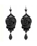 Boucles d'oreilles en dentelle noire, avec des fleurs et des gouttes noires