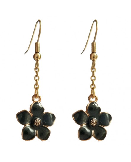 Boucles d'oreilles Pendantes Chaîne Acier Inox Doré, Fleur Noire Légère