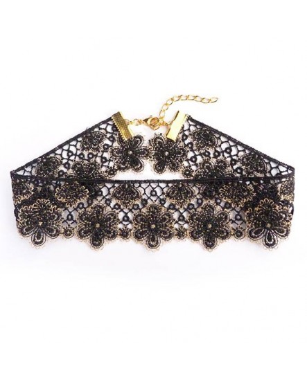 Collier délicat dentelle florale noire et doré - ras de cou femme style rétro