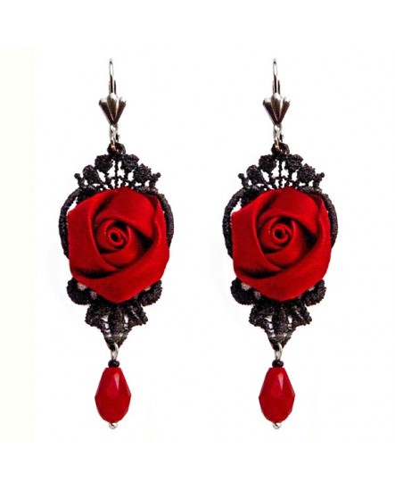 Boucles d'oreilles en dentelle noire, avec des fleurs et des gouttes noires