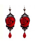 Boucles d'oreilles en dentelle noire, fleurs et gouttes rouge