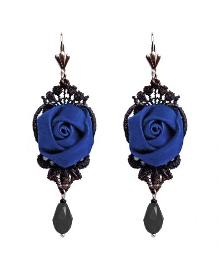 Boucles d'oreilles en dentelle noire, avec des fleurs et des gouttes noires