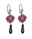 Boucles d'oreilles en dentelle noire, avec des fleurs et des gouttes noires